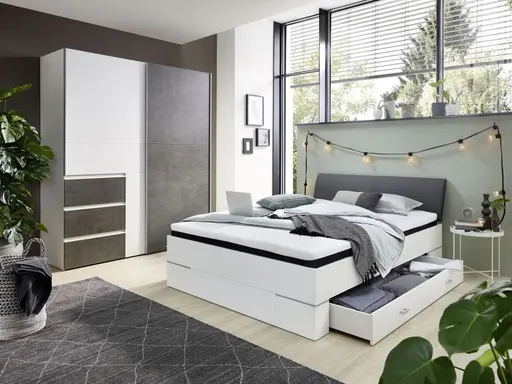 Schwebetürenschrank FJOLLA - B ca. 170,3 cm, Weiß, Betonoptik Dunkelgrau