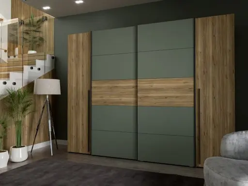Schwebe-/Drehtürenschrank FAHDA - B. ca. 270 cm, Eiche Dekor, Grüngrau
