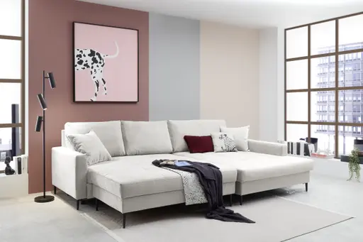 Ecksofa - 3-Sitzer mit Longchair rechts, Schlaffunktion mit Bettkasten, Stoff, Creme