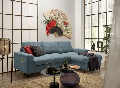 Ecksofa - 2-Sitzer mit Longchair rechts, Stoff, Azur