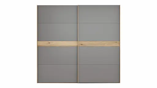 Schwebetürenschrank Viana - B ca. 241 cm, Lack, Steingrau, Riffholz, Balkeneiche