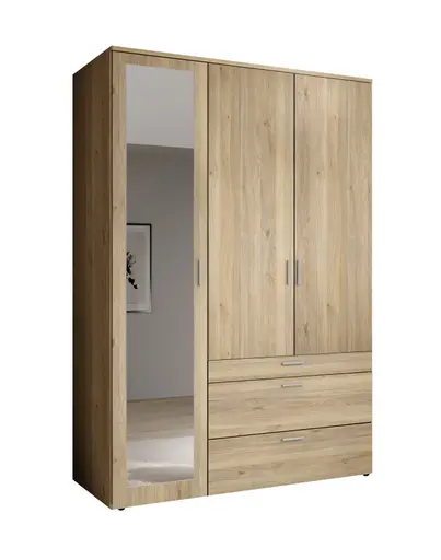 Drehtürenschrank- B 135 cm, Eiche Dekor, Spiegel
