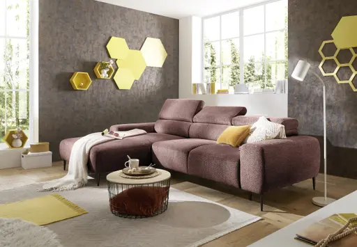Ecksofa - Longchair links mit 2-Sitzer, Sitzvorzug motorisch, Kopfteil verstellbar, Stoff, Rotbusch
