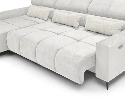Ecksofa - Longchair links mit 2-Sizer, Sitztiefe verstellbar motorisch/Kopfteil verstellbar, Stoff, Creme
