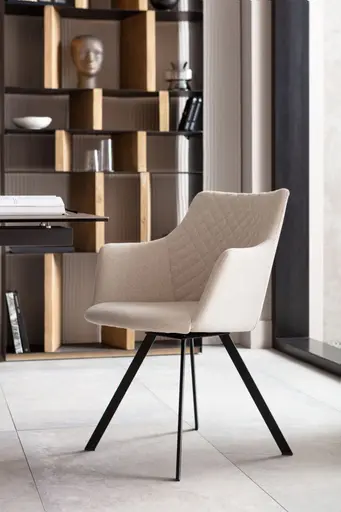 Armlehnstuhl- Drehbar, Stoff, Creme, Stahl, Schwarz, Pulverbeschichtet