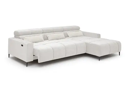 Ecksofa - 2-Sitzer mit Longchair rechts, Sitztiefe verstellbar motorisch/Kopfteil verstellbar, Stoff, Creme