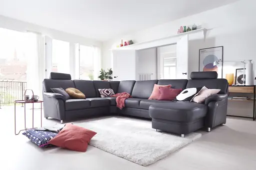 Wohnlandschaft - Ecke links mit 2,5-Sitzer und Longchair rechts, Leder, Schwarz