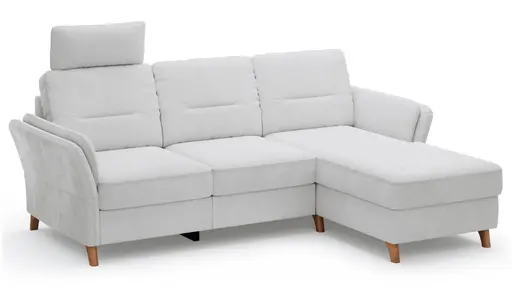 Ecksofa Vayra - 2,5-Sitzer mit Longchair rechts, inkl. Relaxfunktion (motorisch) und Kopfstütze verstellbar (manuell), Stoff, Offwhite