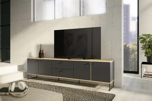 Lowboard - B ca. 225 cm, Anthrazit, Evoke Eiche Nachbildung