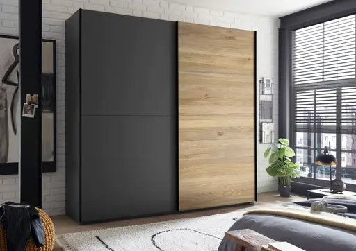 Schwebetürenschrank- B ca. 215 cm, Graphit, Eiche Dekor
