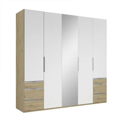 Drehtürenschrank- B ca. 250 cm, Eiche Dekor, Weiß, Spiegel