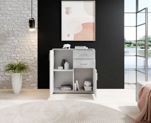 Kommode - B ca. 80 cm, Betonoptik, Weiß