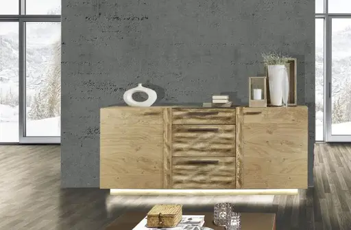 Sideboard - mit Beleuchtung, Wildasteiche Furnier, Absetzung Almschroppung 