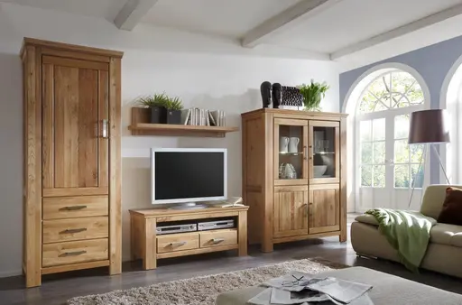 Wohnwand - mit Beleuchtung, Wildeiche teilmassiv