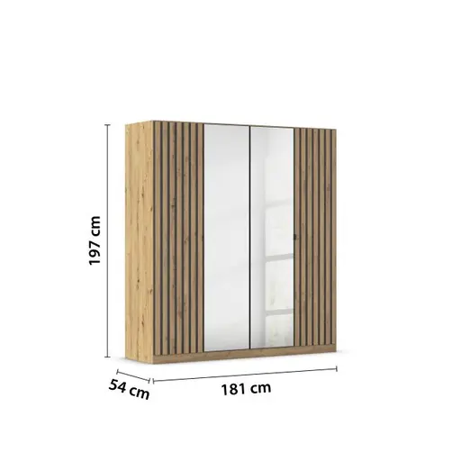 Drehtürenschrank RUERTO- B ca. 181 cm, Eiche Dekor, Dunkelgrau, Paneel, Eiche Dekor, Spiegel