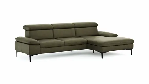 Ecksofa Felipa - 2,5-Sitzer mit Longchair rechts inkl. Kopfteil verstellbar, Leder, Olive