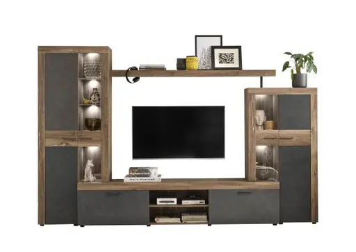 Wohnwand- Grau, Holzdekor