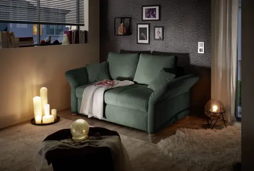 Sofa JORDEN - 1,5-Sitzer inkl. Schlaffunktion mit Bettkasten, verstellbare Armlehnen, Stoff, Dunkelgrün