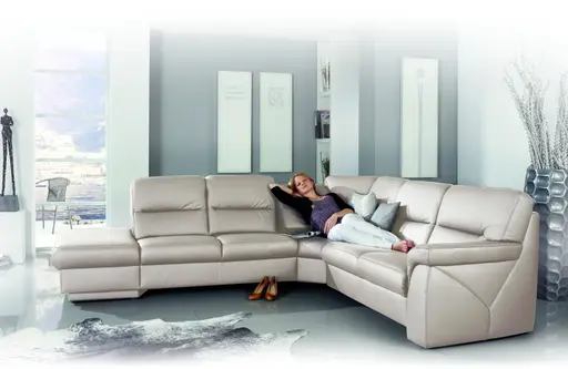 Wohnlandschaft EM St. Gallen - Hocker links, Relax-Eckteil, 3-Sitzer rechts, Leder, Natur