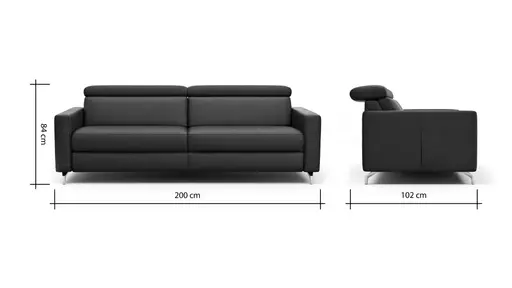 Sofa Paulina - 2,5-Sitzer, Kopfteil verstellbar, Leder, Schwarz