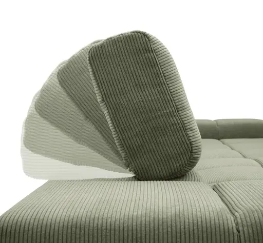 Ecksofa CLIVIA -  2-Sitzer mit Longchair rechts, Sitzvorzug motorisch, Kopfteil verstellbar, Feincord, Olive