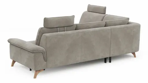 Ecksofa Tulsa KS - 1,5-Sitzer mit Anstellhocker aufklappbar links, Spitzecke und 2,5-Sitzer rechts, inkl. Kopfstütze, AL verstellbar und Schlaffunktion, Stoff, Graubeige