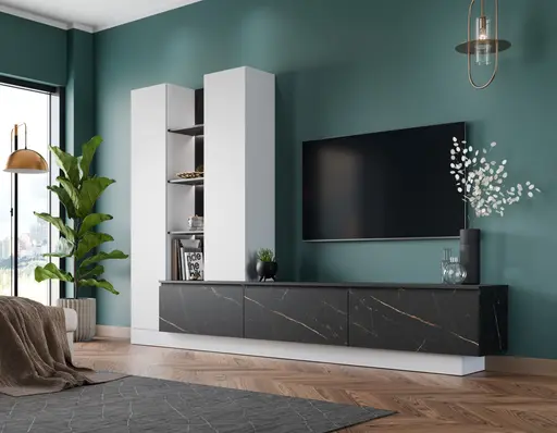 Wohnwand - mit Beleuchtung, Alpinweiß, Keramikoptik