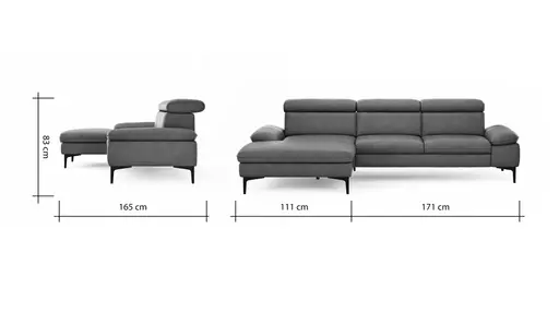 Ecksofa Felipa - Longchair links mit 2,5-Sitzer inkl. Kopfteil verstellbar, Leder, Cognac