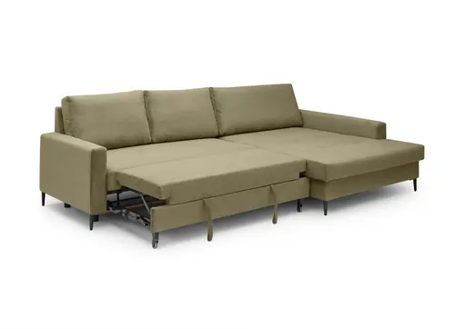 Ecksofa - 3-Sitzer mit Longchair rechts, Schlaffunktion mit Bettkasten, Stoff, Olive