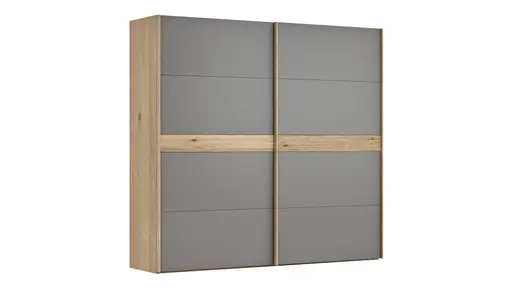 Schwebetürenschrank Viana - B ca. 241 cm, Lack, Steingrau, Riffholz, Balkeneiche