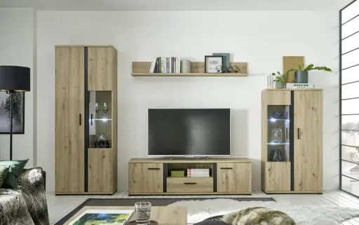 Wohnwand- Eiche  Dekor, Schwarz