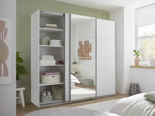 Schwebetürenschrank- B ca. 215 cm, Weiß, Spiegel