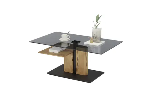 Couchtisch - höhenverstellbar, LBH ca. 105x65x45 cm, Glas grau, Eiche massiv