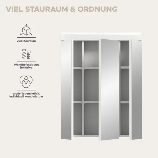 Spiegelschrank - B ca. 60 cm, Weiß, Weiß Hochglanz