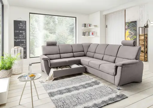 Ecksofa - Schlaffunktion mit Bettkasten, 2-Sitzer, Ecke rechts, Dunkelgrau, Microfaser