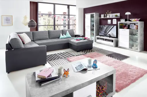 Wohnwand - mit Beleuchtung, Betonoptik, Weiß