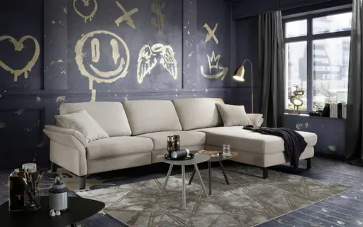 Ecksofa CALM PREMIUM 2.0 - 3-Sitzer mit Longchair rechts, Rückenlehne vertellbar, Stoff, Sand