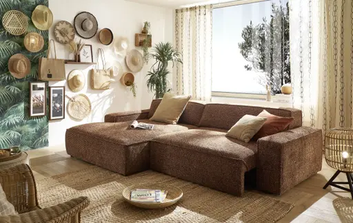 Ecksofa - Longchair links mit 2-Sitzer, Sitzvorzug motorisch, Stoff, Rotbraun