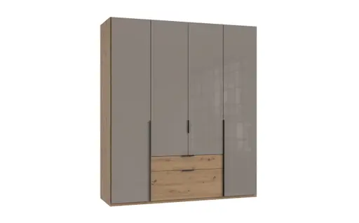 Drehtürenschrank WANJA- B ca. 180 cm, Eiche Dekor, Glas, Saharagrau