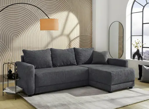 Ecksofa - 2-Sitzer mit Longchair rechts, Schaffunktion mit Bettkasten, Stoff, Anthrazit