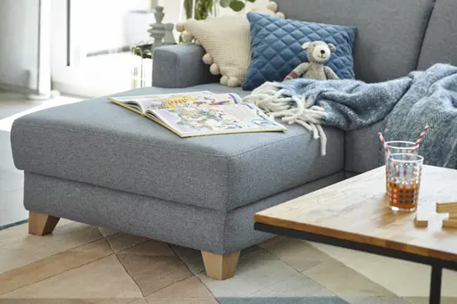 Wohnlandschaft Merlos - Longchair links mit 2,5 Sitzer und Ecke rechts, Stoff, Hellblau