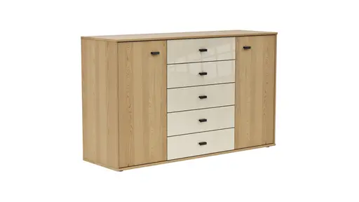 Kommode Lenoso - Eiche massiv, Glas Champagner