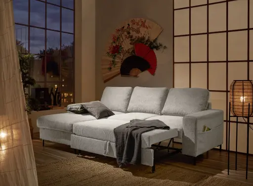 Ecksofa - Longchair links mit 2-Sitzer, Stoff, Steingrau