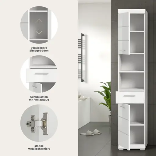 Hochschrank - B ca. 37 cm, Weiß, Weiß Hochglanz