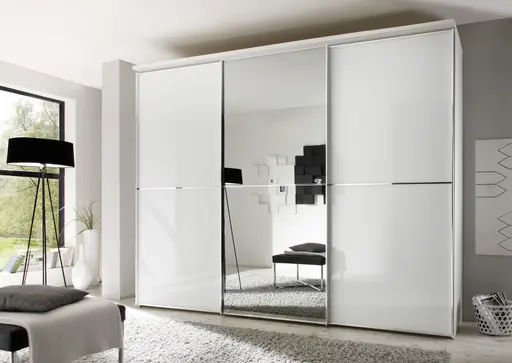 Schwebetürenschrank - B. ca. 249 cm, Kristallspiegel, Alpinweiß