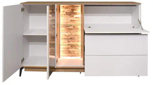 Sideboard - mit Beleuchtung, B ca. 169 cm, Weiß, Asteiche, Schwarz