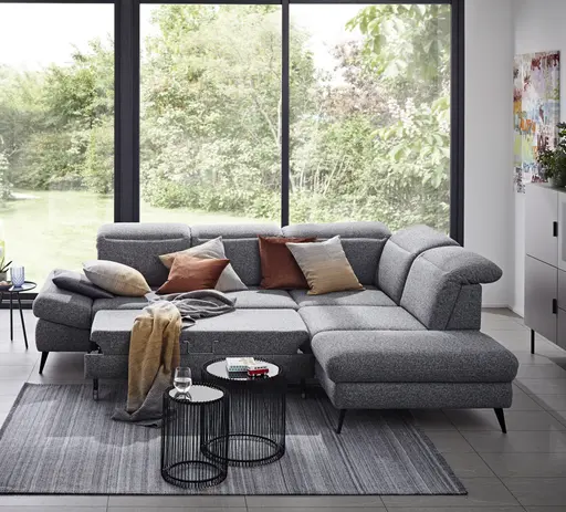 Ecksofa Alegria - 2,5-Sitzer mit Ecke rechts inkl. Schlaffunktion und Kopfteil/ Armteil/ Sitztiefe verstellbar, Stoff, Graublau