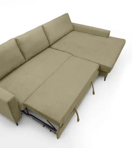 Ecksofa - 3-Sitzer mit Longchair rechts, Schlaffunktion mit Bettkasten, Stoff, Olive