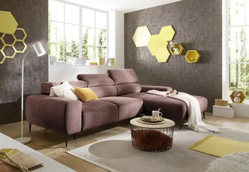Ecksofa - 2-Sitzer mit Longchair rechts, Sitzvorzug motorisch, Kopfteil verstellbar, Stoff, Rotbusch