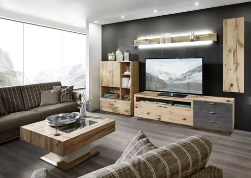 Wohnwand - mit Beleuchtung, Alteiche Furnier, Akzent Keramik Moos